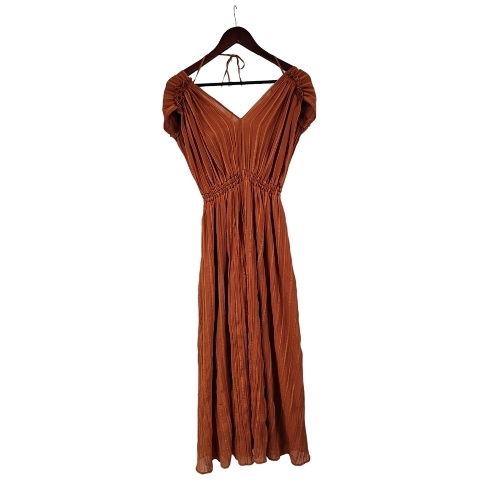 Moussy Rust Orange Boho Satin Pleated Midi Dress Women's Size Small Ruffle Front